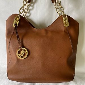 Michael Kors Signature Brown Hobo Shoulder Bag with Gold Fulton charm